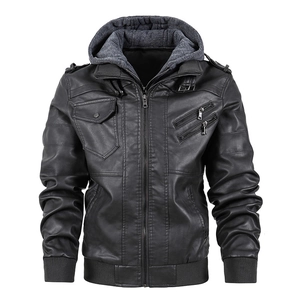 Men's black faux leather biker jacket with detachable grey hood and ribbed cuffs