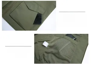 Detail view of army green fishing vest featuring large utility pockets and breathable mesh lining