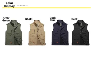 Color options of the multi-pocket fishing vest in army green, khaki, dark blue and black