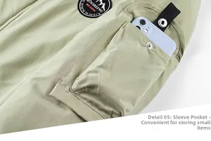 Detail of military jacket sleeve featuring a utility pocket with a blue phone inside