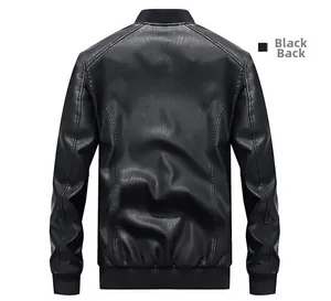 Rear view of black PU leather baseball jacket with stand collar and ribbed hem