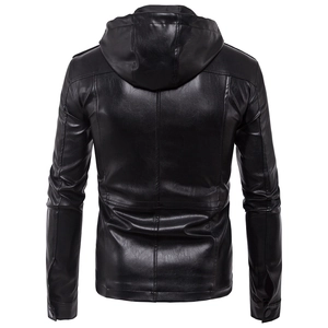 Detailed back view of men's hooded leather jacket featuring premium stitching and texture