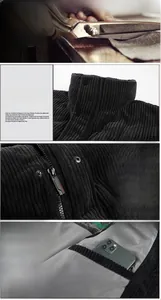 Detail view of men's corduroy vest featuring stand collar, metal zipper and inner pocket