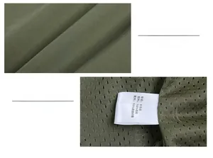 Detail of army green outdoor vest showing nylon fabric texture and breathable mesh lining
