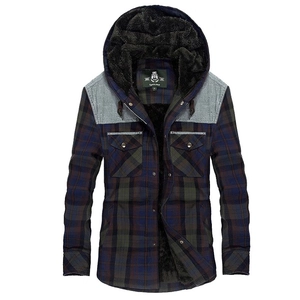 Detail of men's hooded plaid jacket with thick black fleece lining and grey shoulder patches