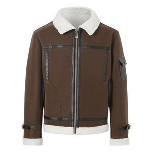 Detail of brown faux shearling aviator jacket with white wool collar and leather piping