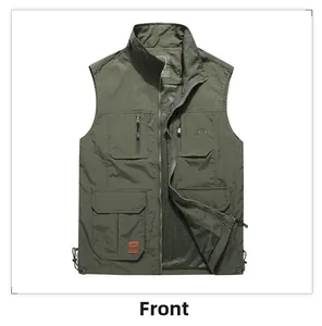 Close-up of military green outdoor vest with multiple functional pockets and front zipper