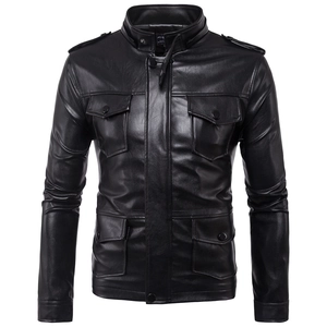 Detailed close-up of a black leather jacket with four snap pockets and stand collar