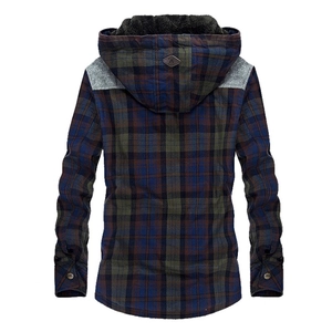 Detail of plaid hooded shirt with fleece lining and shoulder patchwork on back