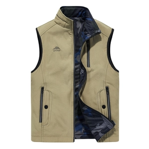 Gilet de pêche extérieur pour homme kaki avec col montant et doublure camouflage