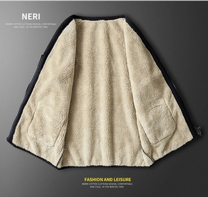 Detailed view of plush sherpa lining and large interior pockets on men's winter vest
