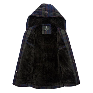 Detail view of men's hooded flannel shirt with thick brown faux fur fleece lining