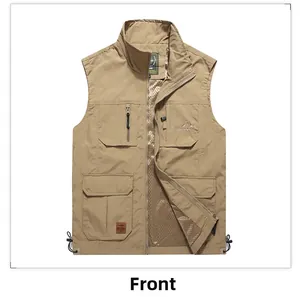 Detail of khaki outdoor vest showing breathable mesh lining and tactical utility pockets