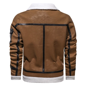Rear view of brown aviator jacket featuring white shearling trim and black leather stripes