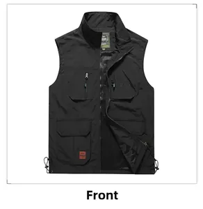 Detail of men's quick-dry vest with multi-pockets, stand collar, and breathable mesh lining