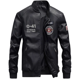 Men's black PU leather baseball jacket with military pilot embroidery and ribbed trim