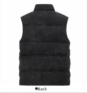 Back view of black corduroy quilted vest with thick stripes and high stand collar detail