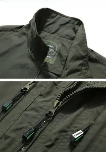 Detail of outdoor fishing vest showing ripstop fabric, mesh lining, and sturdy metal zipper