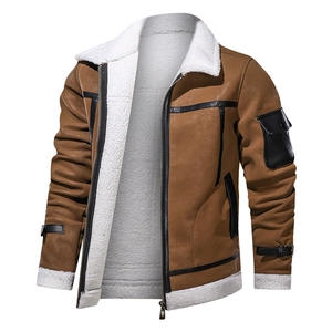 Detail view of men's shearling leather flight jacket with faux fur collar and black trim
