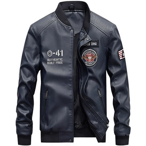 Navy blue men's PU leather baseball jacket with vintage embroidery patches and ribbed cuffs