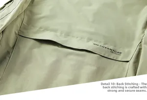 Detail of military green jacket back showing durable reinforced stitching craftsmanship