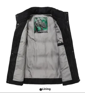 Detail of men's corduroy vest featuring smooth gray lining and internal hidden pocket