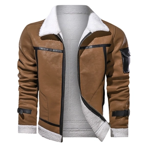 Detail of men's brown aviator jacket showing shearling collar and textured faux leather