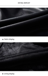 Detail of premium black PU leather grain texture and warm fleece lining on a baseball jacket