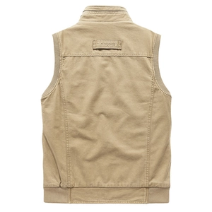 Back view of a khaki cotton reversible vest for men featuring a stand collar and ribbed hem