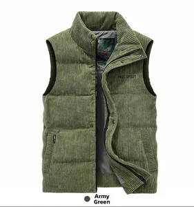 Detail of army green corduroy vest featuring standing collar and Free Spirit patch
