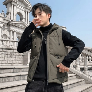 Men's olive green hooded quilted vest with zipper closure for autumn and winter warmth