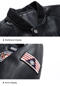 Detail view of ribbed collar and sleeve patches on black faux leather baseball jacket