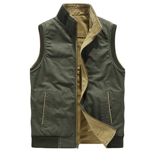 Men's reversible cotton vest with stand collar and vintage embroidery in olive and khaki