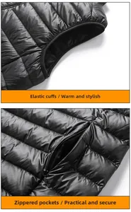 Dettagli del giromanica elastico e delle tasche con cerniera del gilet in piumino