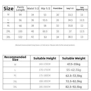 Detailed size chart for men's cargo pants with body weight and height recommendations