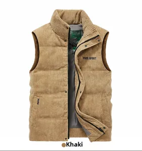 Detail of khaki corduroy vest featuring stand collar and Free Spirit embroidery