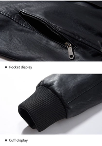Close-up of black PU leather jacket featuring metallic zip pocket and ribbed cuffs