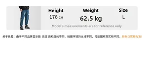 Size chart for blue-grey cargo pants showing model 176cm 62.5kg wearing size L