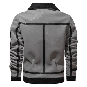 Back view of men's aviator jacket featuring faux shearling trim and black cross straps