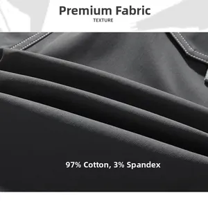 Macro detail of dark grey twill fabric showing 97% cotton texture and 3% spandex stretch