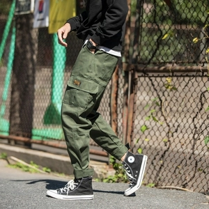 Men's army green cargo joggers with tactical side pockets and casual loose fit