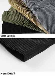 Detail of ribbed corduroy fabric texture and neat hem stitching in multiple colors