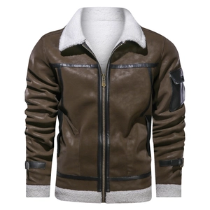 Detail of dark brown pilot jacket featuring thick faux shearling lining and collar