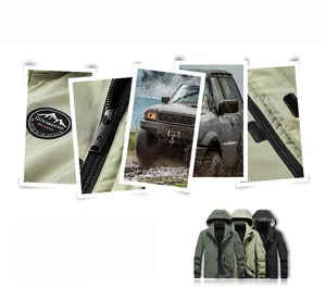 Detail view of military cargo jacket featuring embroidered badges and drawstring hood