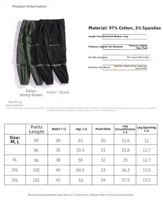 Detailed size chart for men's cargo pants with measurements for length, waist and hip