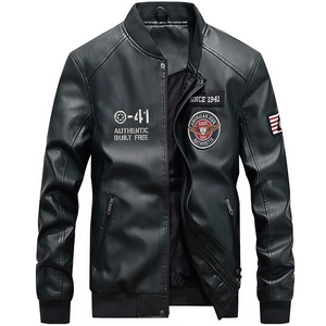 Men PU Leather Bomber Jacket Vintage American Military Style Baseball Stand Collar Motorcycle Coat Casual Loose Outerwear