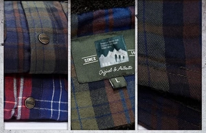 Detailed macro view of checkered flannel fabric texture and metal buttons on shirt