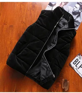 Detailed close-up of a men's black velvet quilted vest with a sleek stand collar and zipper