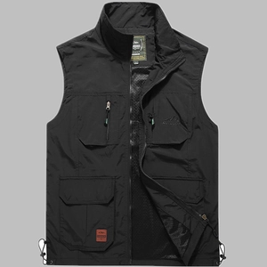 Men's outdoor quick-dry multi-pocket fishing vest with zipper and mesh lining in black