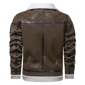 Rear view of brown faux suede jacket with white faux fur lining and black strap details